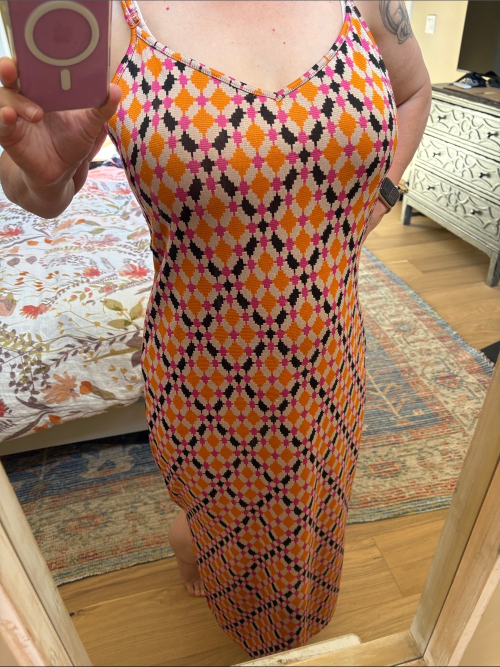 Sleeveless Maxi Dress in Orange & Pink Geometric Print